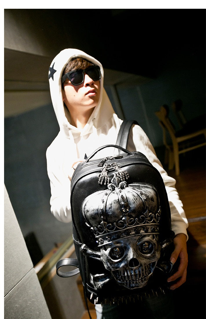 Silver Women Backpack W-3D Sculpled Skull | Waterproof Travel Backpack W-Gothic Skull | Cool Punk Backpack W-Tassel Zip Pull| Filinapo